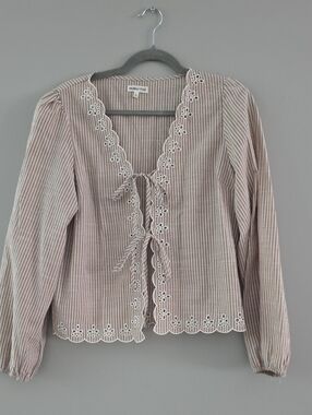 Main Strip Beige Striped Eyelet Tie-Front Button Down Top